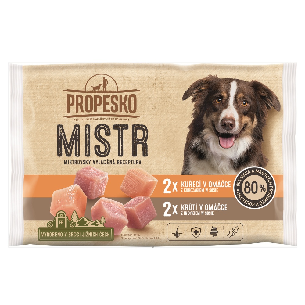 PROPESKO Dog Mistr kuře, krůta v omáčce, kapsa 85 g - 15 kusů po 4 kapsičkách