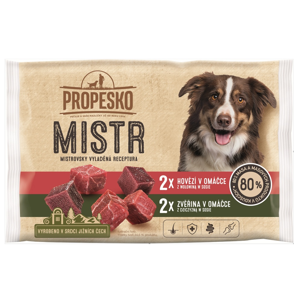 PROPESKO Dog Mistr hovězí, zvěřina v omáčce, kapsa 85 g - 15 balení po 4 kapsičkách