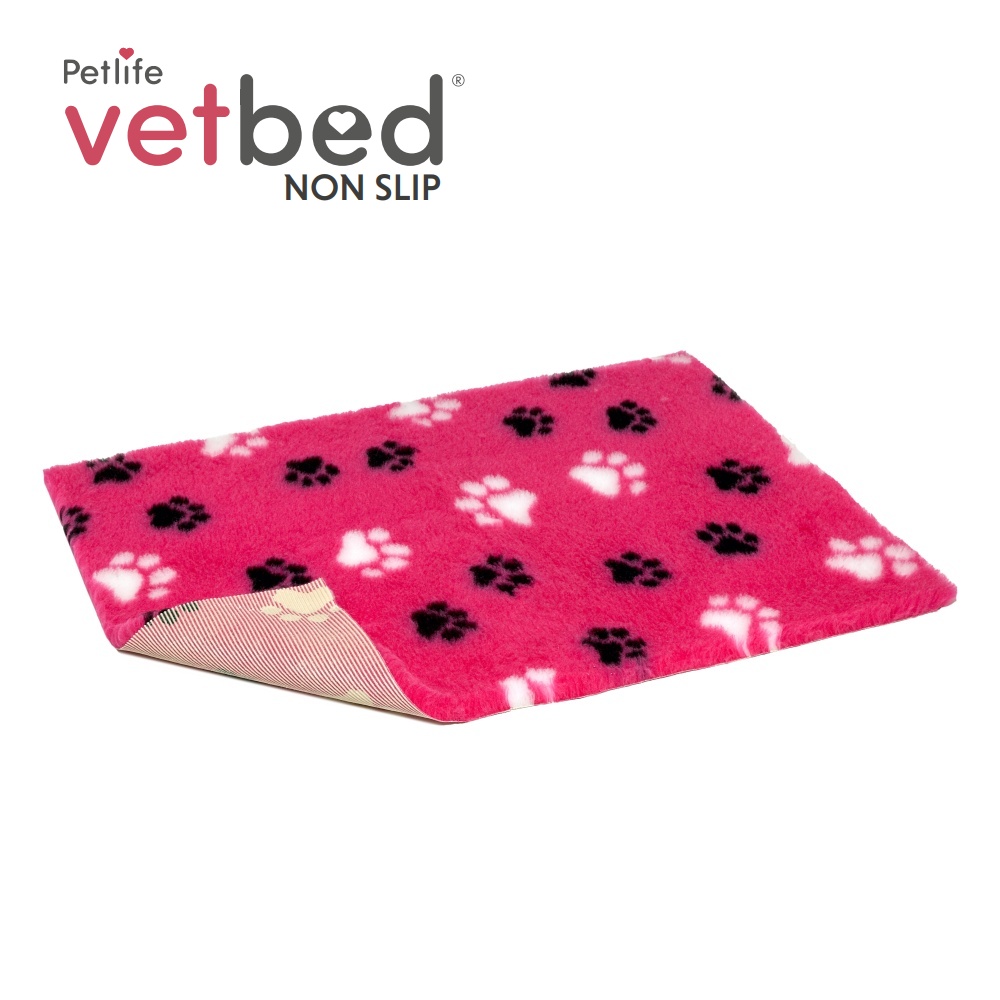 Vetbed protiskluz / Drybed růžová černé a bílé packy DELUXE 75 x 50 cm, vlas 30 mm