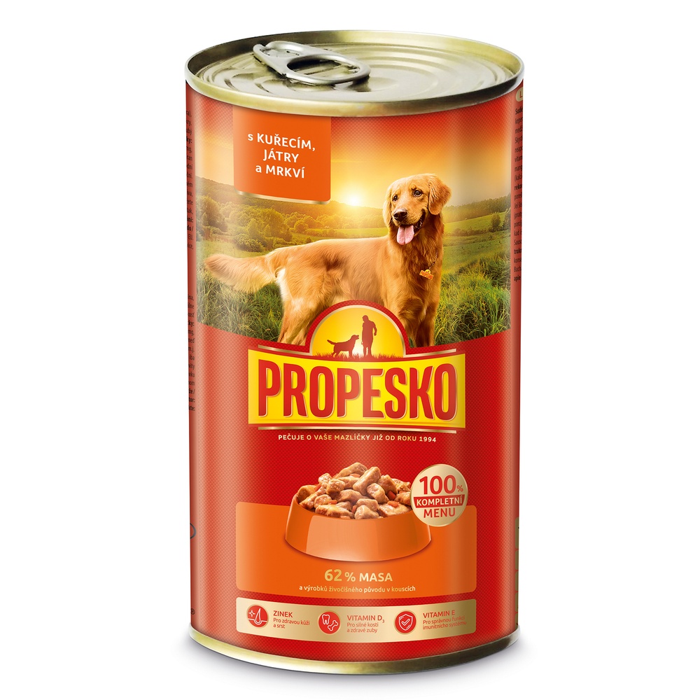 PROPESKO Dog kuřecí, játra a mrkev v omáčce, kousky 1240 g- 6ks