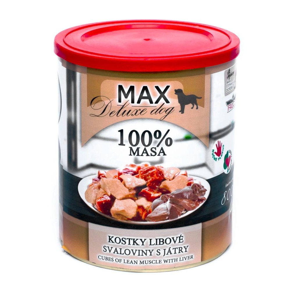 MAX Deluxe Dog kostky libové svaloviny s játry, konzerva 800 g
