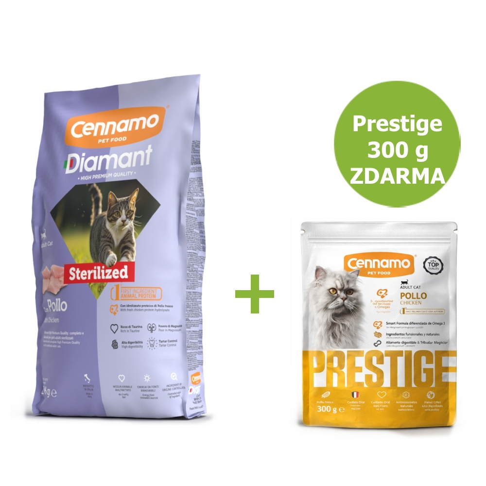 Diamant Cat Micio Sterilised Kuřecí 2 kg + Prestige 300 g ZDARMA