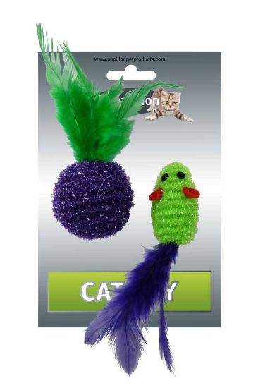 Obrázek z Myš a míček s peřím zeleno-fialová třpyt 