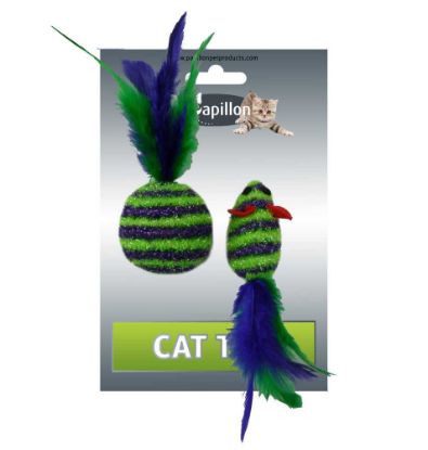 Obrázek Myš a míček s peřím zeleno-fialová pruhy třpyt