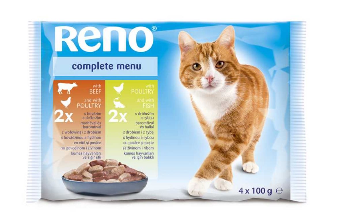 Obrázek z RENO Cat hovězí / drůbeží, drůbeží / ryba, kapsa 100 g (4 pack)  