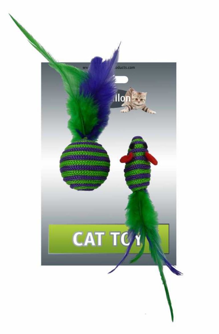 Obrázek z Myš a míček s peřím zeleno-fialová pruhy mat 