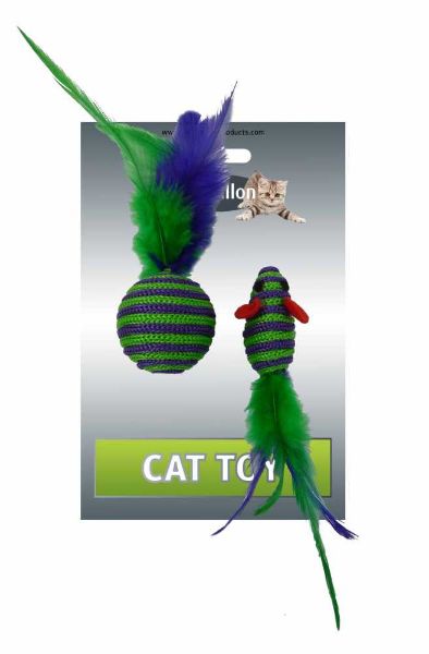 Obrázek Myš a míček s peřím zeleno-fialová pruhy mat