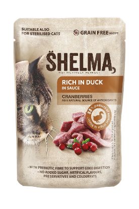 Obrázek SHELMA Cat kachní s brusinkami v omáčce, kapsa 85 g 