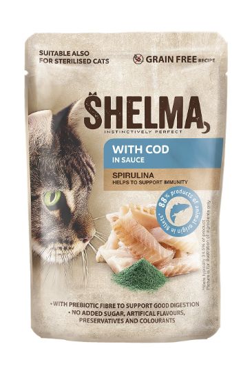 Obrázek z SHELMA Cat treska se spirulinou v omáčce, kapsa 85 g 