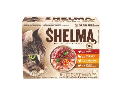 Obrázek SHELMA Cat kuřecí, hovězí, kachní a krůtí, kapsa 85 g (12 pack)