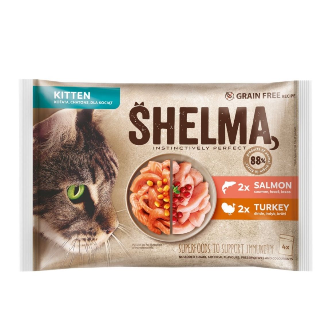 Obrázek z SHELMA Cat Kitten losos a krůta, kapsa 85 g (4 pack) 