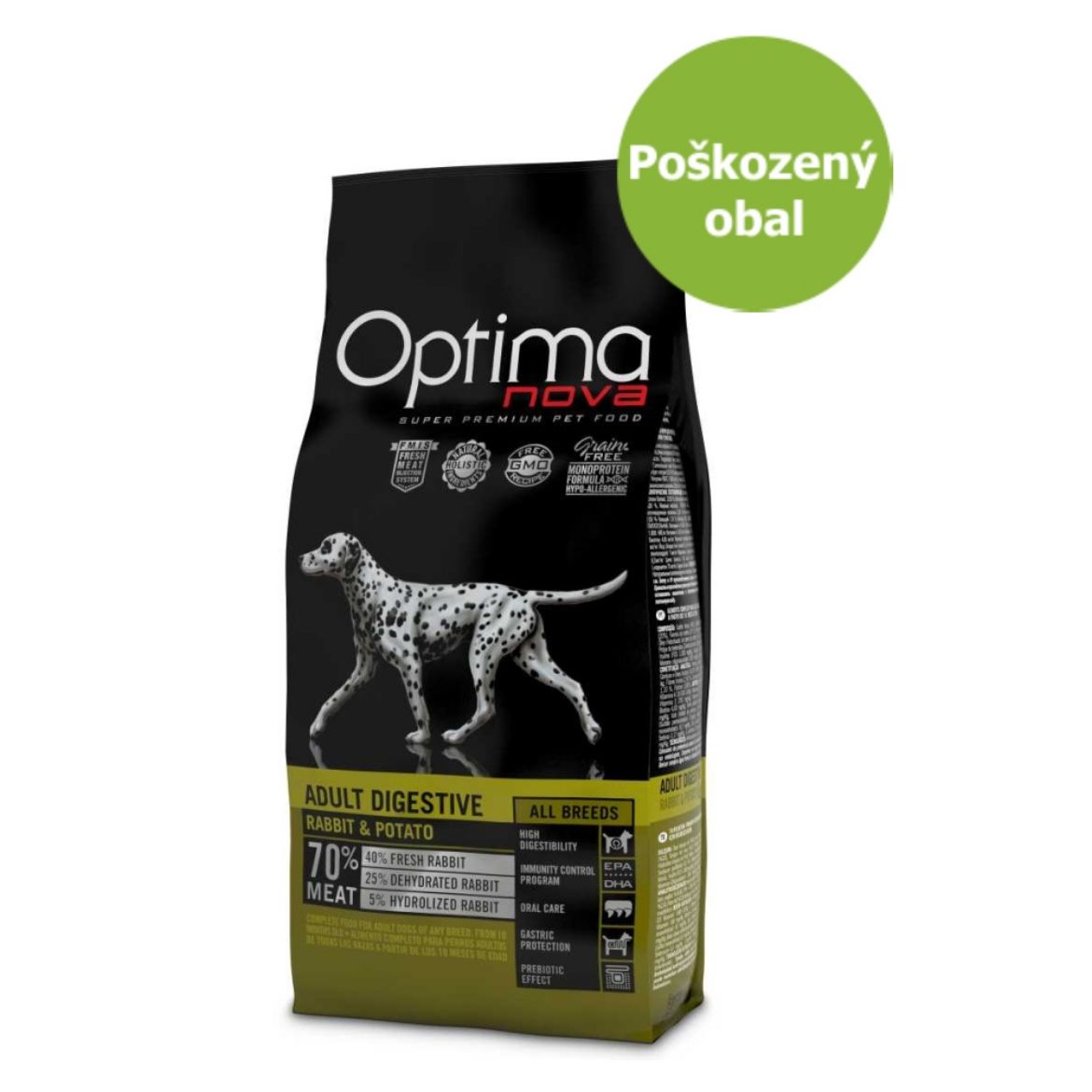 OPTIMAnova dog adult digestive, citlivé trávení, všechny plemena, rabbit and potato, králík a brambory, hypoalergenní, monoproteinové, superprémiové, přírodní, grain free, bez obilovin