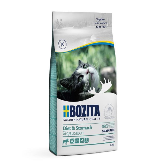 Bozita cat diet and stomach, pro kočky s citlivým zažíváním nebo nadváhou, grain free, bez obilovin, s losím masem, elk, prémiové krmivo