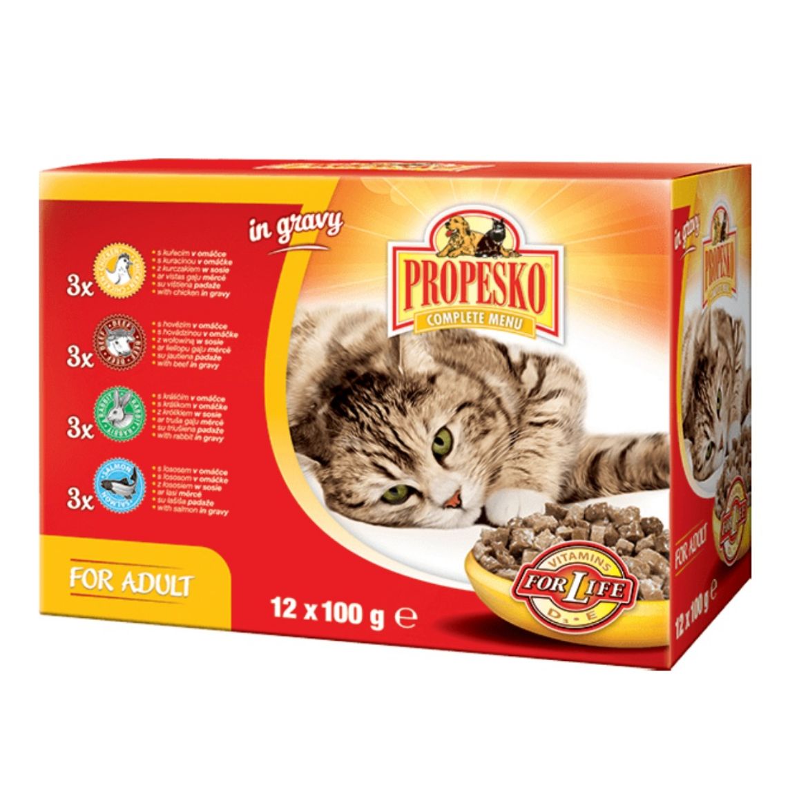 Obrázek z PROPESKO Cat hovězí, kuřecí, králičí a losos, kapsa 100 g (12 pack) 