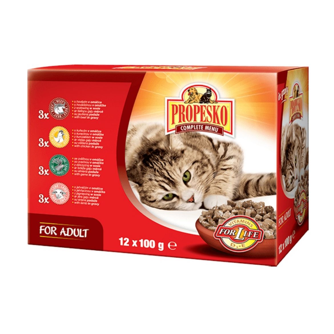 Obrázek z PROPESKO Cat hovězí, kuřecí, jehněčí a zvěřina, kapsa 100 g (12 pack)  