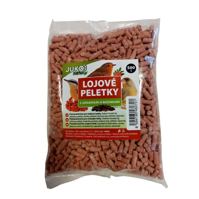 Lojové peletky s rozinkami a jeřabinami JUKO 500g, krmivo pro venkovní ptactvo, 
