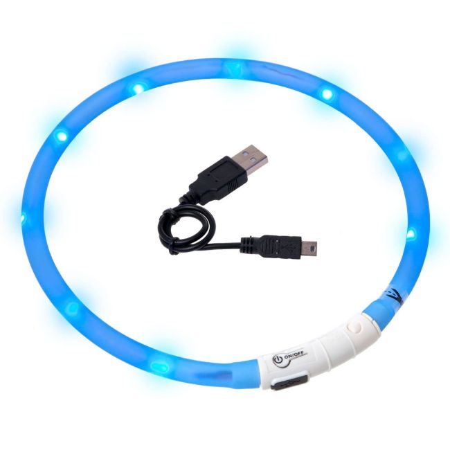 LED obojek dobíjecí pro kočky a psy, modrá barva, svítící ve tmě