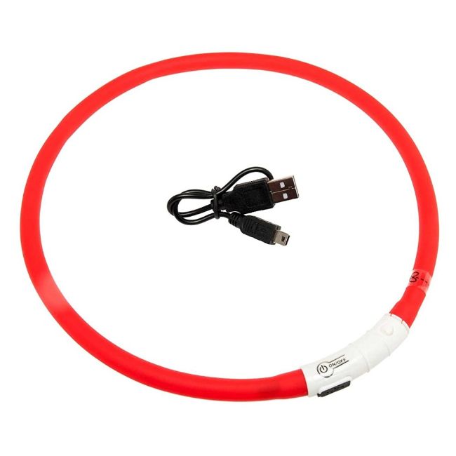 LED obojek dobíjecí pro psy, červená barva, svítící ve tmě