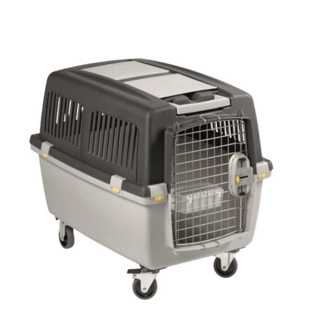 přepravka, přenoska Gulliver velikost 7, kovová dvířka, IATA, plastová miska, plastové boční průduchy, nosnost 50 kg , šedá, kolečka