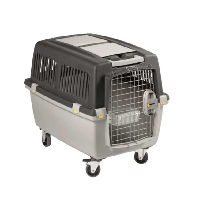 přepravka, přenoska Gulliver velikost 6, kovová dvířka, IATA, plastová miska, plastové boční průduchy, nosnost 38 - 40 kg , šedá, kolečka