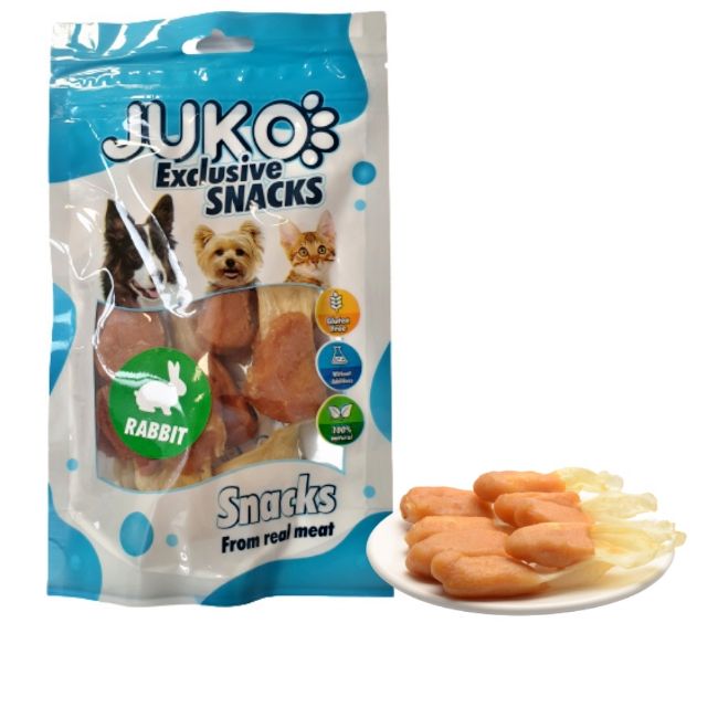 JUKO SNACKS  pamlsky pro psy a kočky, 100 % přírodní pamlsek, bez obilovin, bezlepkový, králičí uši s kuřetem