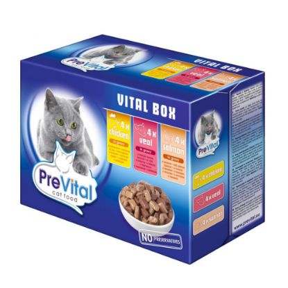 Obrázek PreVital kočka kuřecí, telecí a losos, kapsa 100 g (pack 12 ks)