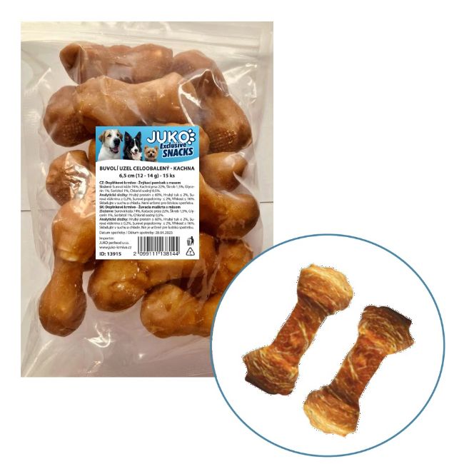 buvolí uzel 6,5cm obalený kachním masem pro dentální hygienu a jako žvýkací pamlskek, pro posílení dásní a čištění chrupu, 