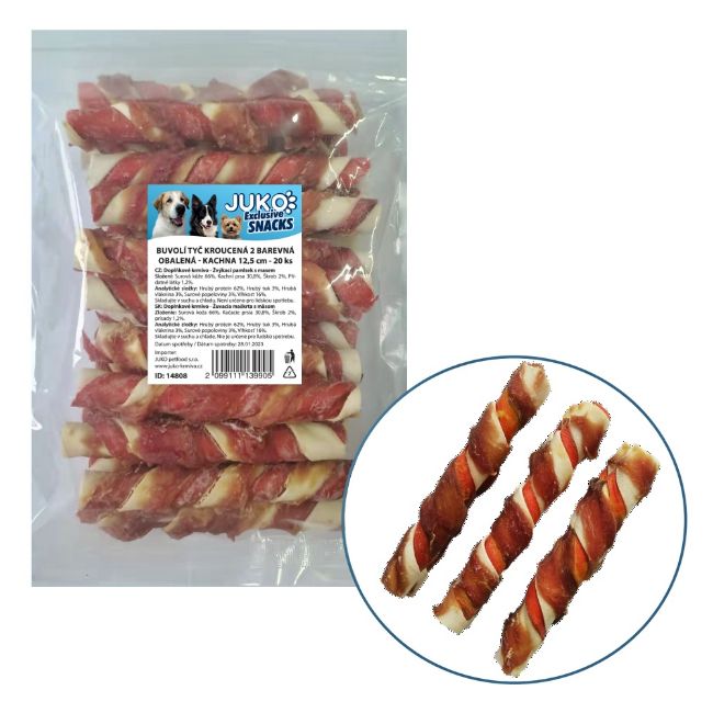 buvolí tyč, kroucená, dvou barevná, kachna, žvýkací pamlsek pro psa s masem, k posílení dásní psa a čištění chrupu 12,5cm