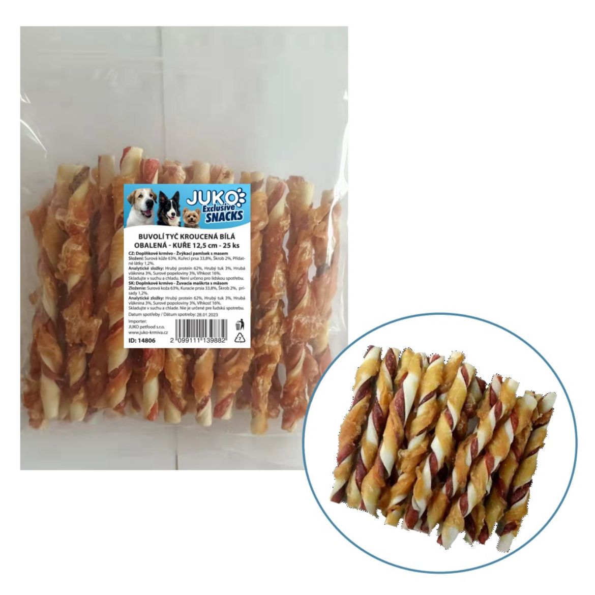 Obrázek z Tyčinka buvolí bílá kroucená obalená kuřecím masem JUKO Snacks 12,5 cm (25 ks) 