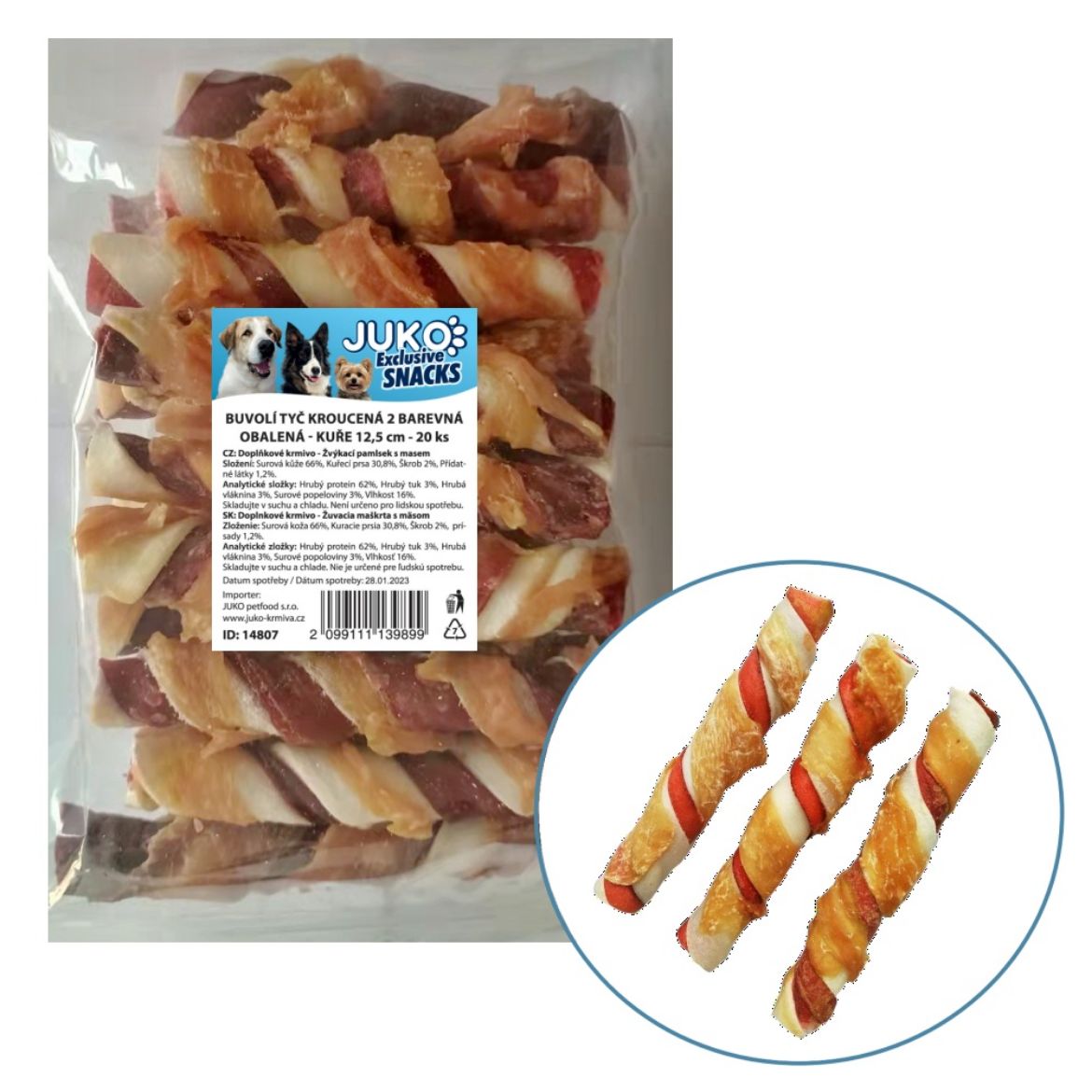 Obrázek z Tyč buvolí kroucená 2 barevná obalená kuřecím masem JUKO Snacks 12,5 cm (20 ks) 