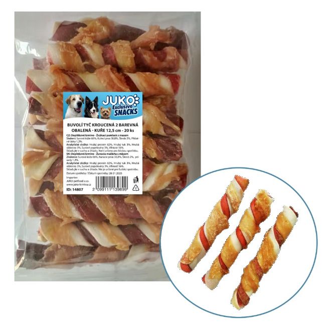 buvolí tyč, kroucená, 2 barevná, obalená masem, kuře, žvýkací pamlsek pro psa, k čištění chrupu psa