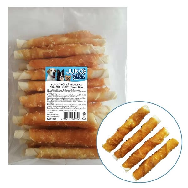 Obrázek Tyč buvolí bílá obalená kuřecím masem JUKO Snacks 12,5 cm (20 ks)