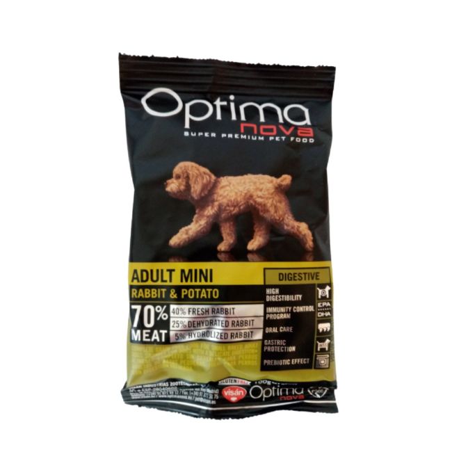 OPTIMAnova dog adult mini digestive, malá plemena, citlivé zažívání, superprémiové, hypoalergenní, grain free, bez obilovin, rabbit and potato, králík a brambory