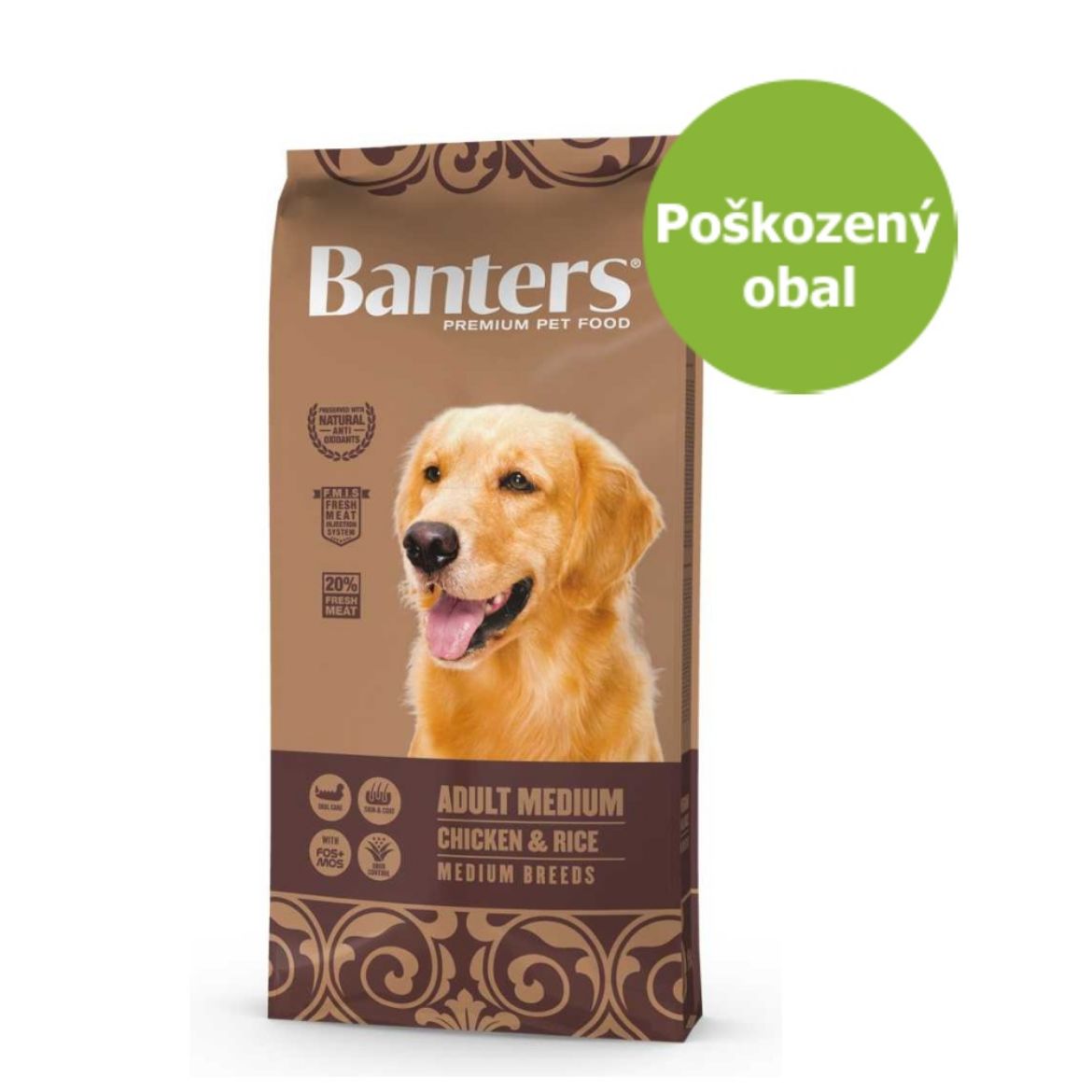Banters, krmivo pro psa, granule pro dospělého psa, střední plemeno, kuře a rýže, s čerstvým masem, 15 kg, chicken and rice, medium adult
