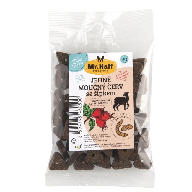 jehně moučný červ se šípkem. Poloměkké pamlsky s hmyzím proteinem, bez obilovin, hypoalergenní