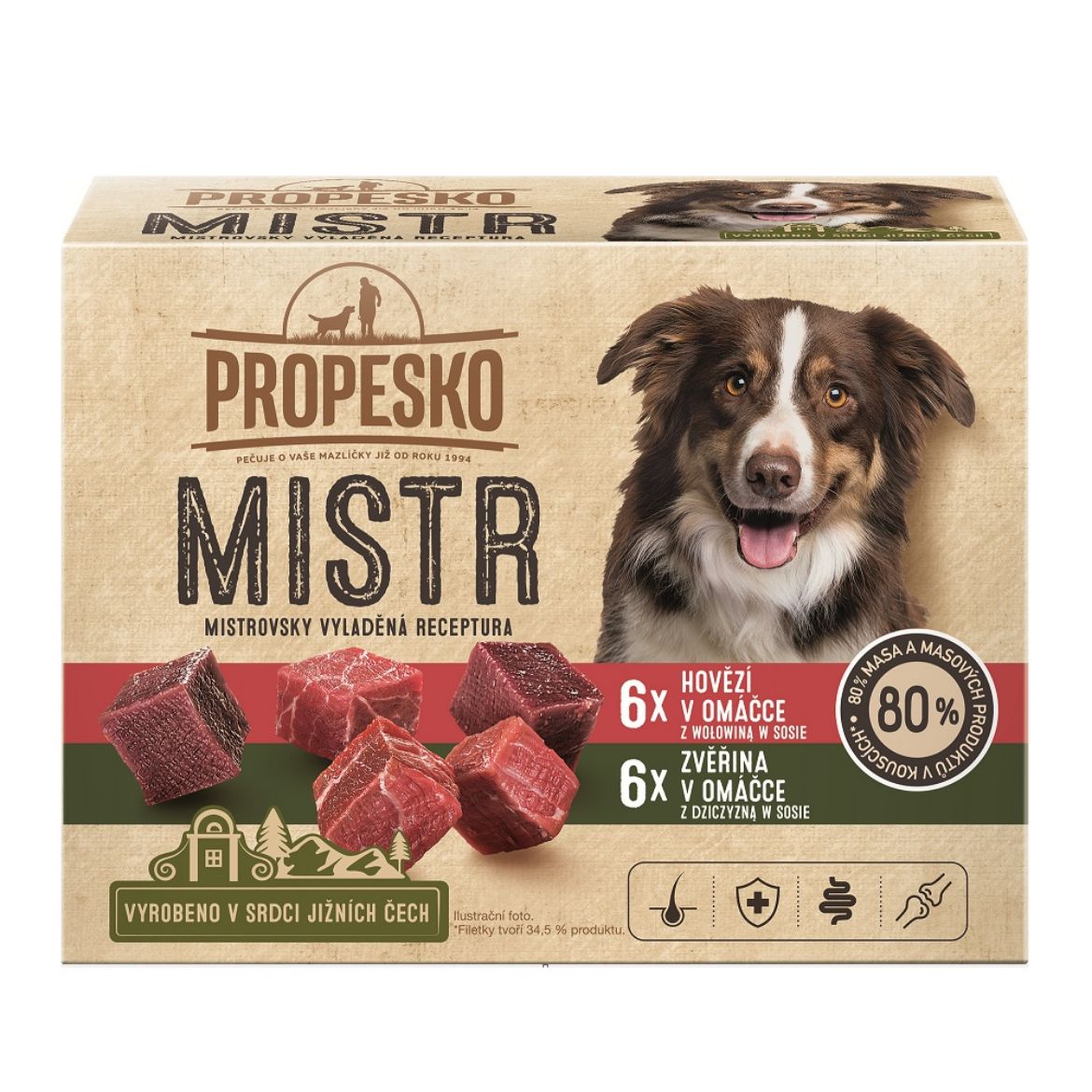 Obrázek z PROPESKO Dog Mistr hovězí, zvěřina v omáčce, kapsa 85 g (12 pack) 