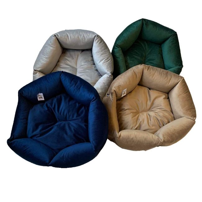 Luxusní sametový pelíšek ve tvaru korunky pro psy s polstrovaným okrajem, různé dekory, 56 x 58 x 17 cm