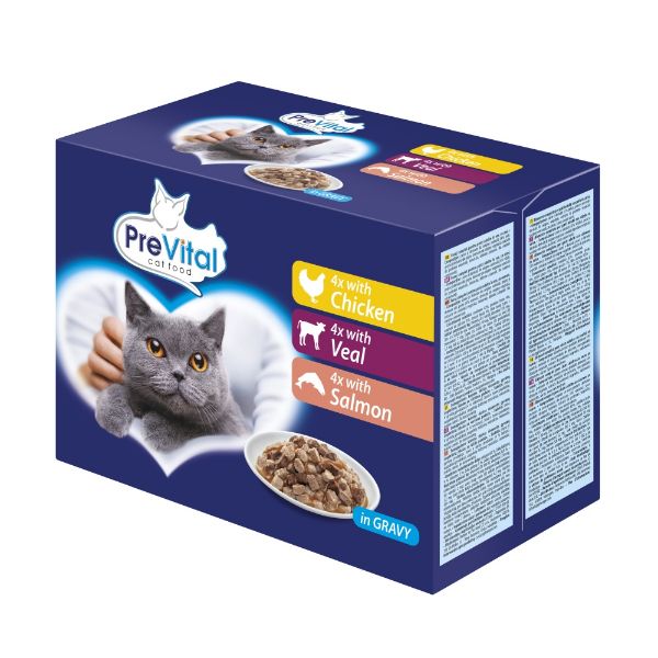 Obrázek PreVital kočka kuřecí, telecí a losos v omáčce, kapsa 100 g (12 pack)