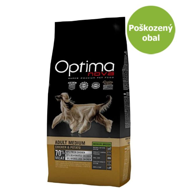 OPTIMAnova dog adult medium, střední plemeno, grain free, bez obilovin, chicken and potato, kuřecí s braborama, superprémiové, hypoalergenní, přírodní