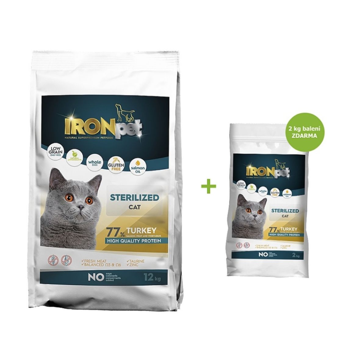 IRONpet Cat Sterilized Turkey 12 kg, krůta, Krmivo pro kočky, kastrovaná kočka, kočka s nadváhou, monoprotein,  granule, krůtí, bez lepku, bez kuřecího masa, hypoalergenní, akce, zdarma