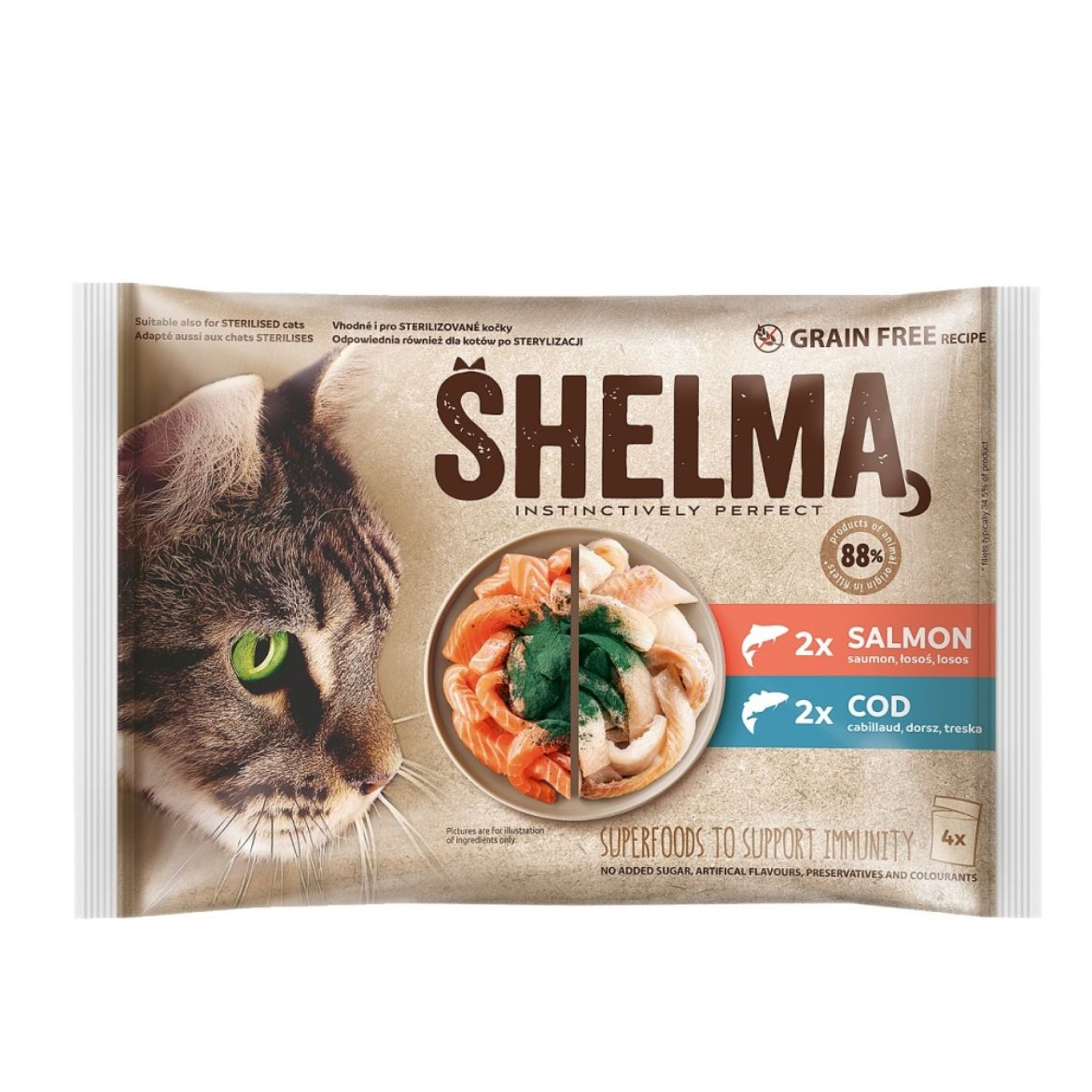 Obrázek z SHELMA Cat losos a treska, kapsa 85 g (4 pack) 