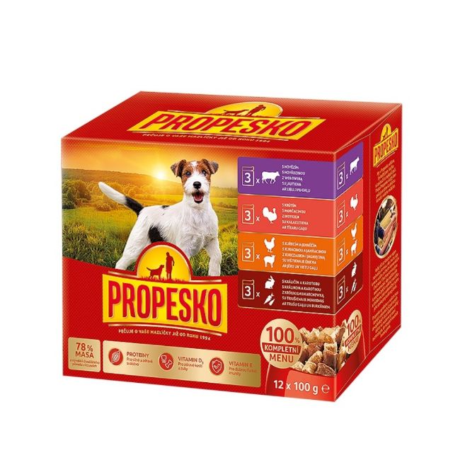 PROPESKO kapsička pro psy, kompletní mokré krmivo pro dospělé psy, 12 pack,  s hovězím, krůtím, s kuřecím a jehněčím, s králíčím a karotkou