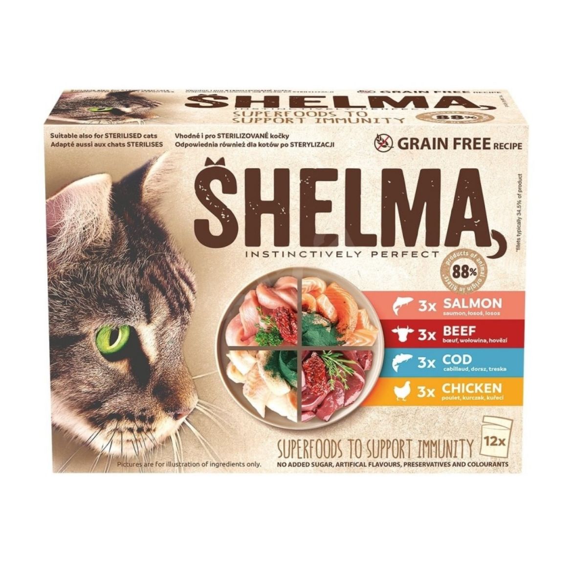 Obrázek z SHELMA Cat kuřecí, hovězí, losos a treska, kapsa 85 g (12 pack)  