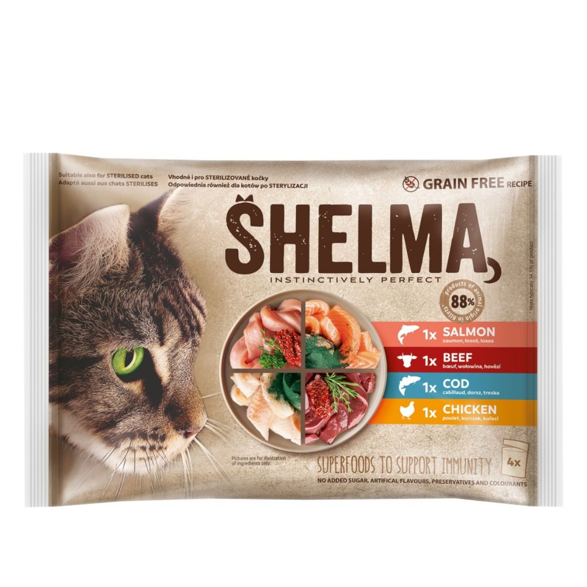 Obrázek z SHELMA Cat kuře, hovězí, losos a treska, kapsa 85 g (4 pack)  