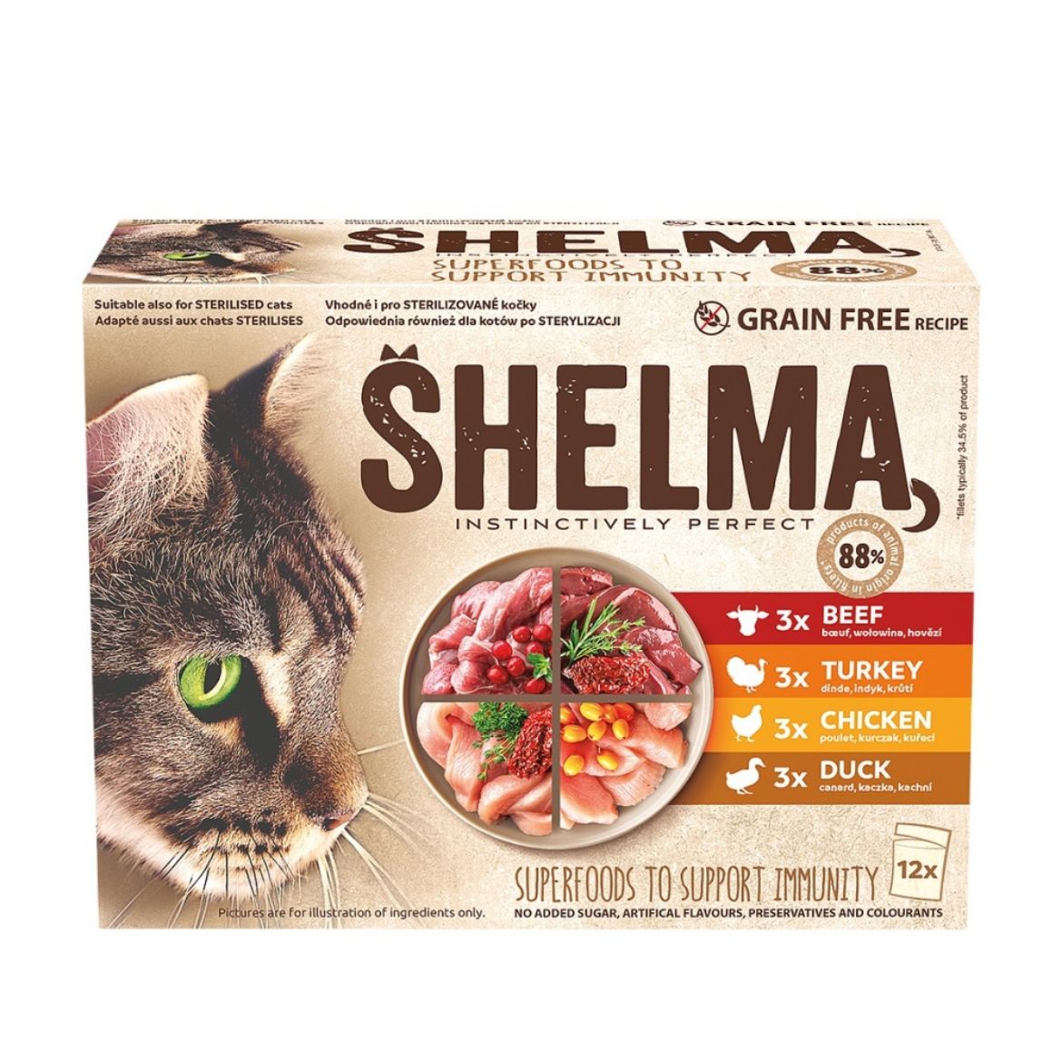 Obrázek z SHELMA Cat kuřecí, hovězí, kachní a krůtí, kapsa 85 g (12 pack) 