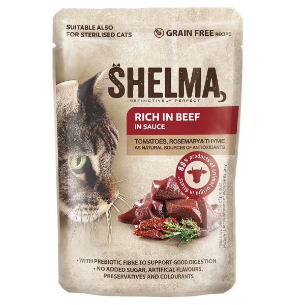 Obrázek SHELMA Cat hovězí s rajčaty a bylinkami v omáčce, kapsa 85 g