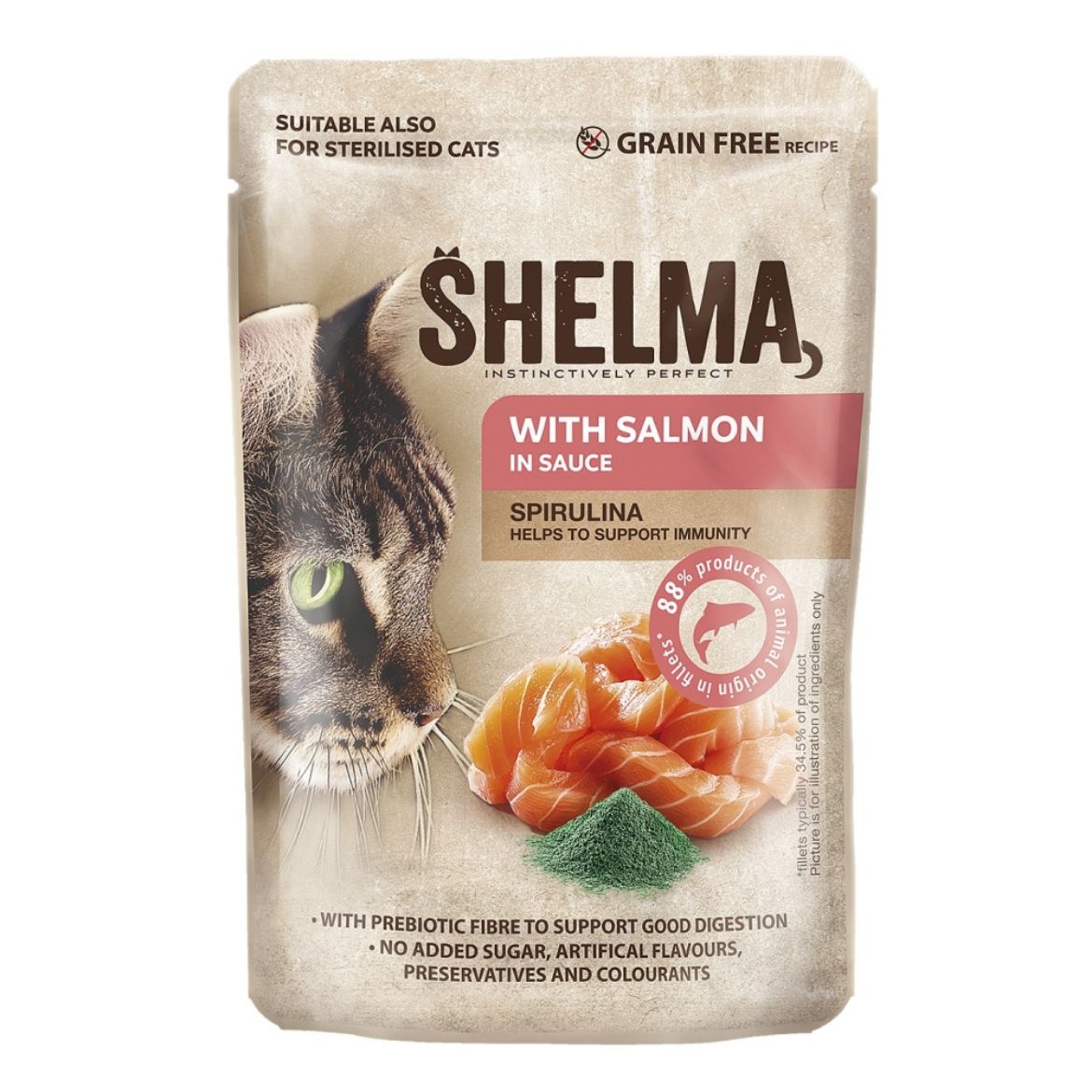 Obrázek z SHELMA Cat losos se spirulinou v omáčce, kapsa 85 g 