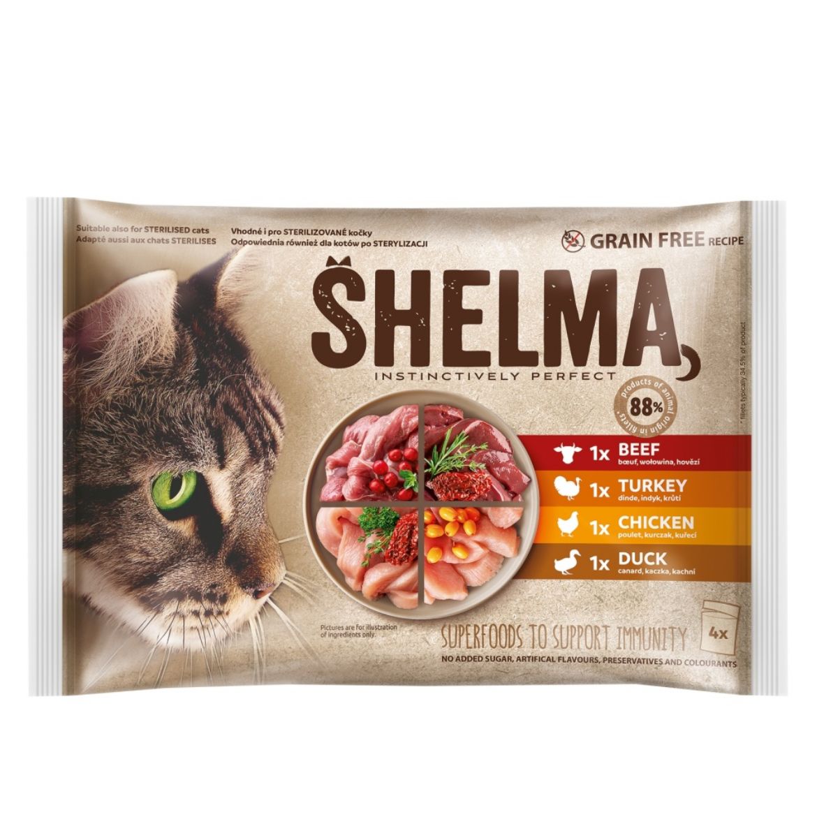 Obrázek z SHELMA Cat kuře, hovězí, kachna a krůta, kapsa 85 g (4 pack) 
