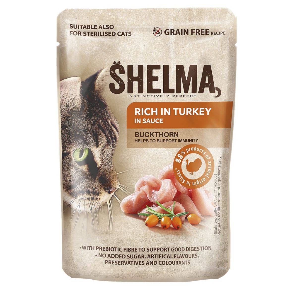 Obrázek z SHELMA Cat krůtí s rakytníkem v omáčce, kapsa 85 g 