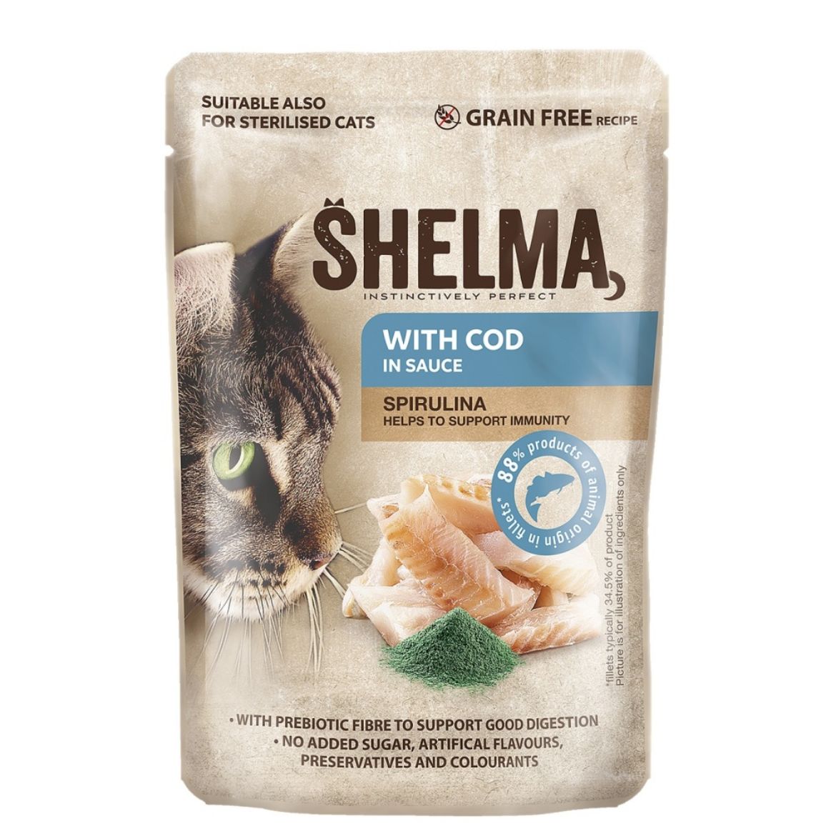 Obrázek z SHELMA Cat treska se spirulinou v omáčce, kapsa 85 g 